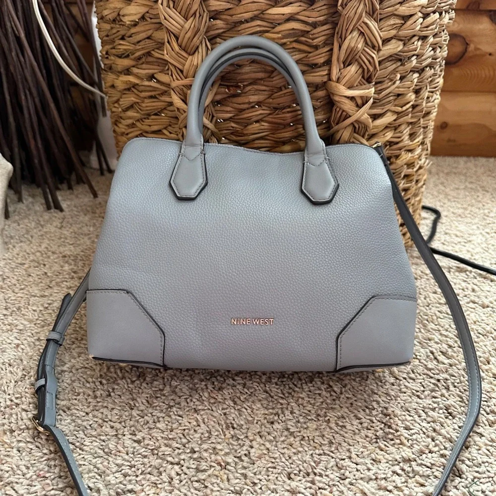 Nine West Satchel Women Med Grey Blue Pebbled Crossbody Bag Work Classic Handbag